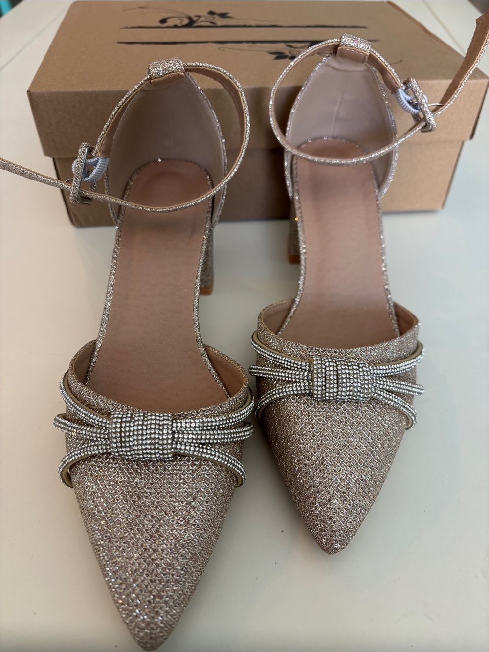 Sparkle Pointed-Toe Ankle-Strap Heels in Champagne 36 6.5